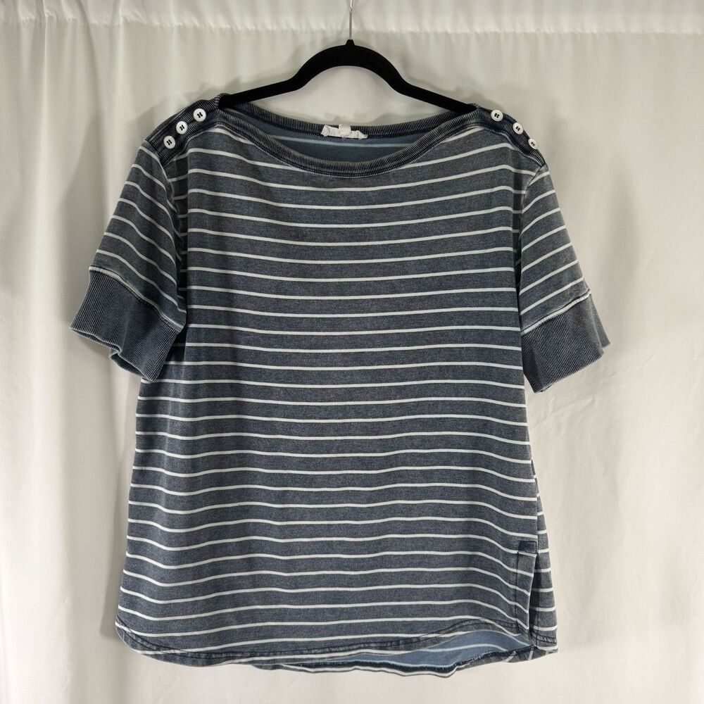 Jane Delancey Blouse Womens Large Blue Striped Short Sleeve Round Neck Cotton Bl